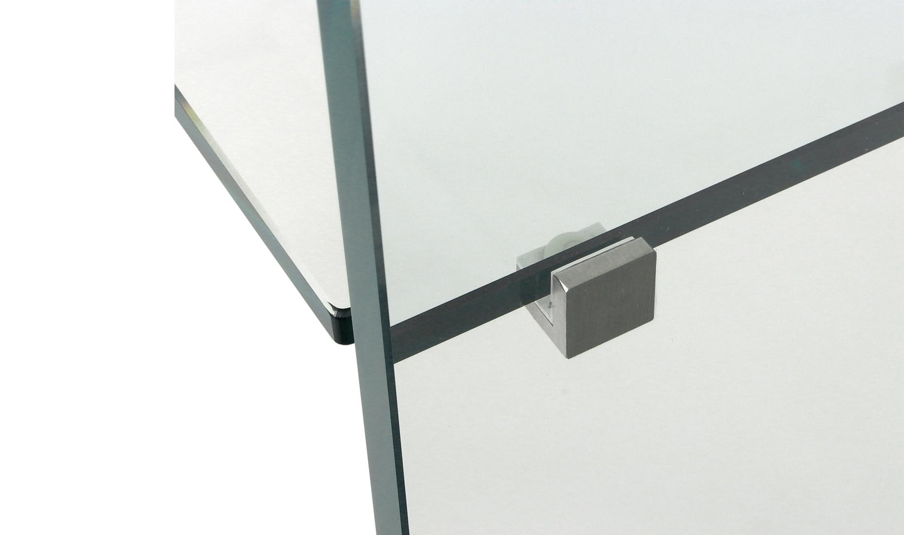 Glastische auf Gehrung verklebt Nurglas:  Floatglas, satiniertes, helles (Optiwhite), grau getöntes Glas, lackiertes Glas