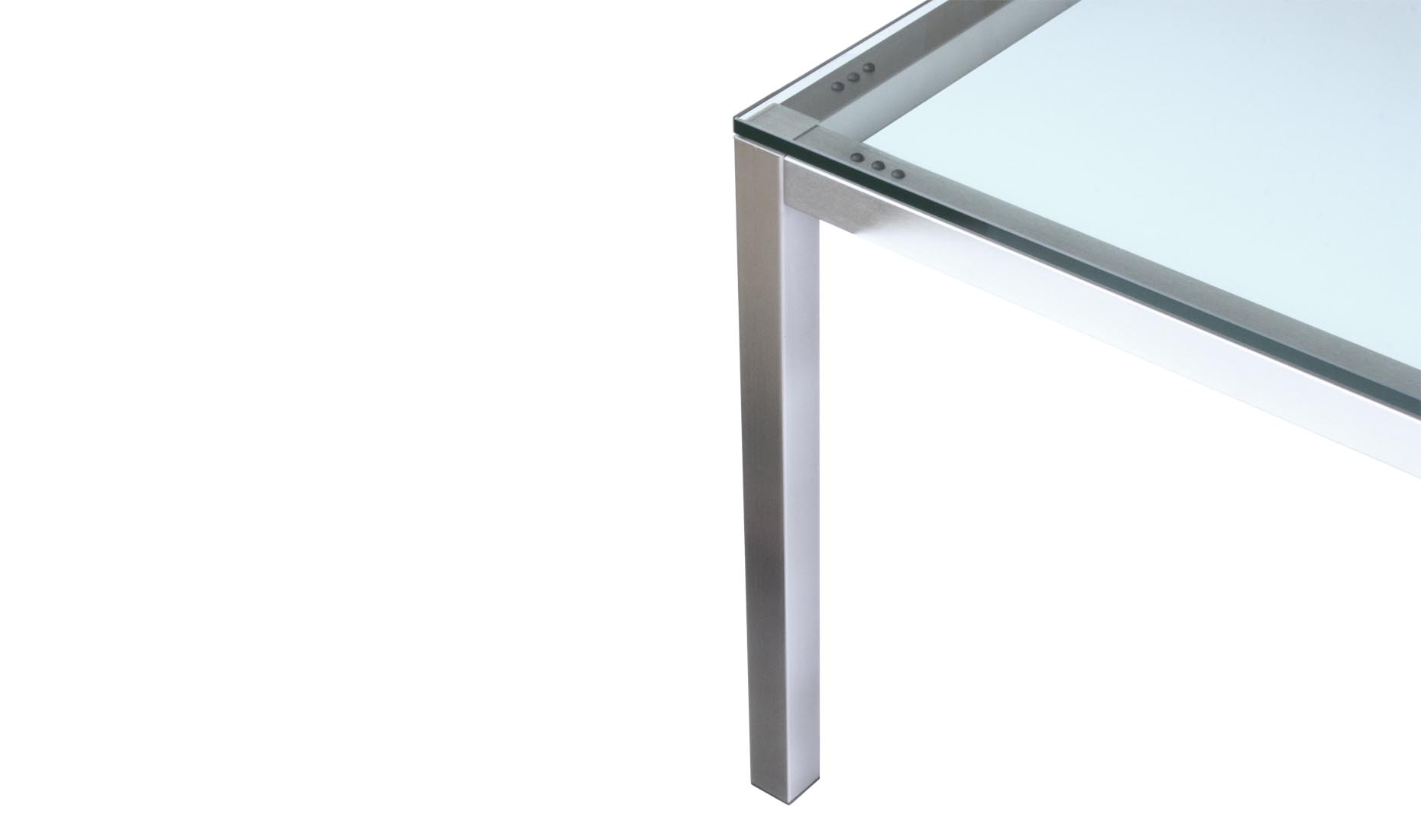 Glastische, Küchentische FRAME-EDEL-50  Edelstahl gebürstet, Floatglas, Satinato Glas, helles Glas (Optiwhite)