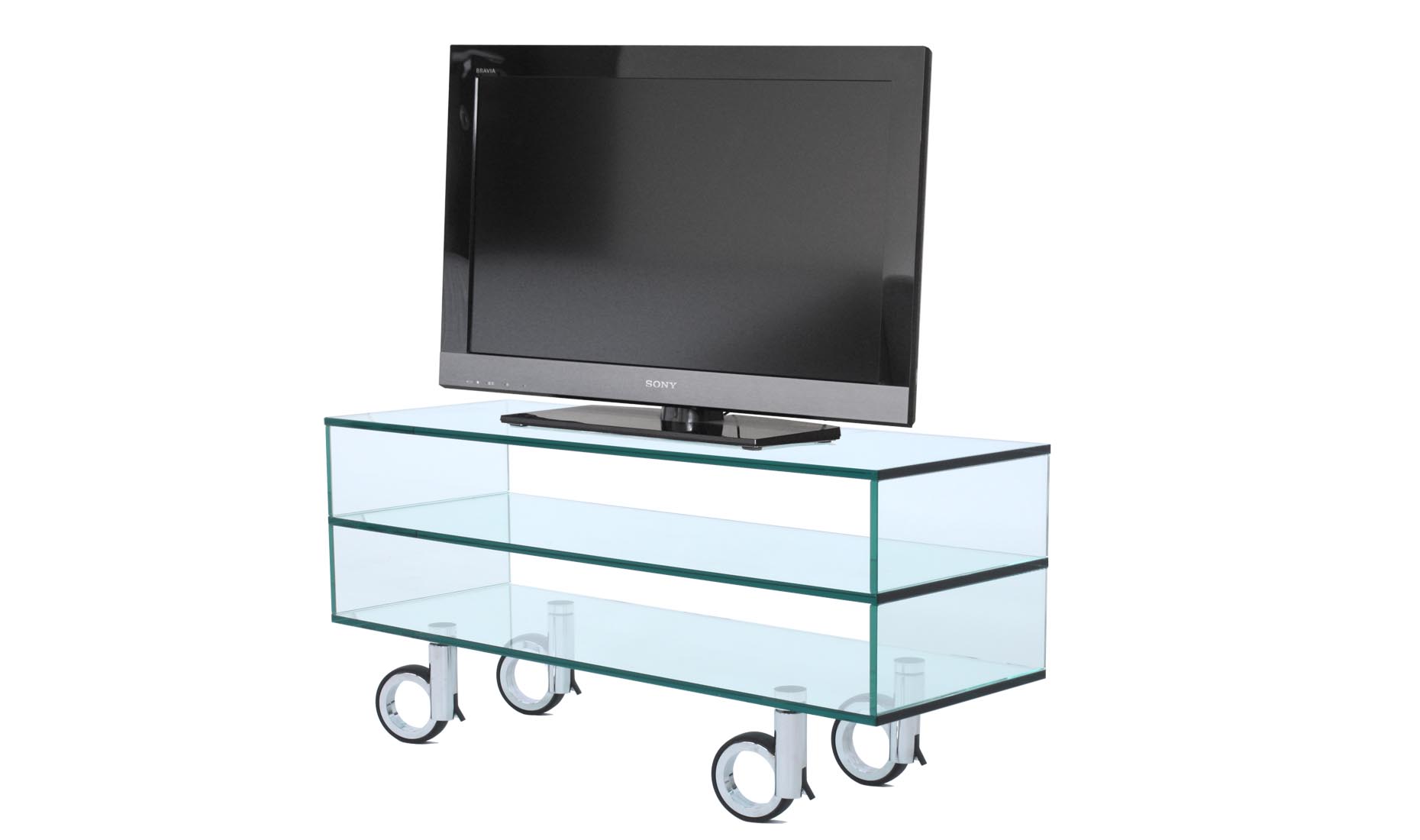 TV-Rack, Glas-Regal auf Rollen nach Maß - uv-verklebtes Floatglas, satiniertes, helles (Optiwhite), graues Glas (Rauchglas)