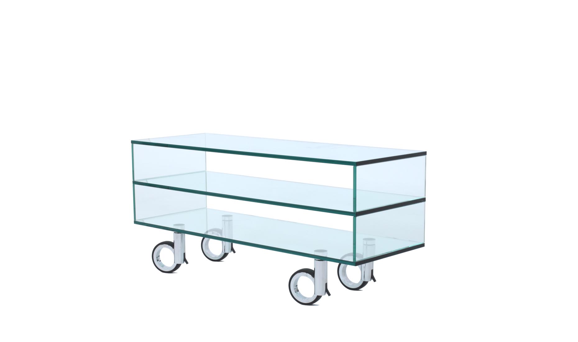 TV-Hi-Fi-Racks, Glas-Regale auf Rollen nach Maß - uv-verklebtes Floatglas, satiniertes, weißes Glas (Optiwhite), graues Glas (Rauchglas)