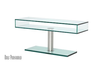 TV-Glas-Regale, TV-Konsolen, TV-Racks nach Maß - Glasmöbl - UV-Verklebt -Rauchglas, Satinato Glas, weißes Glas (Optiwhite); Edelstahl / Chrom