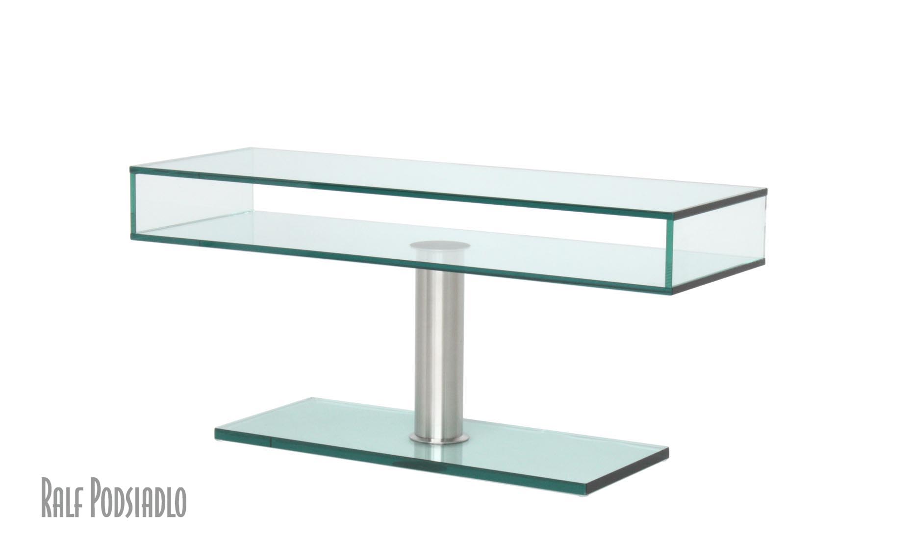 TV-Glas-Regale, TV-Konsolen, TV-Racks nach Maß - Glasmöbl - UV-Verklebt -Rauchglas, Satinato Glas, weißes Glas (Optiwhite); Edelstahl / Chrom