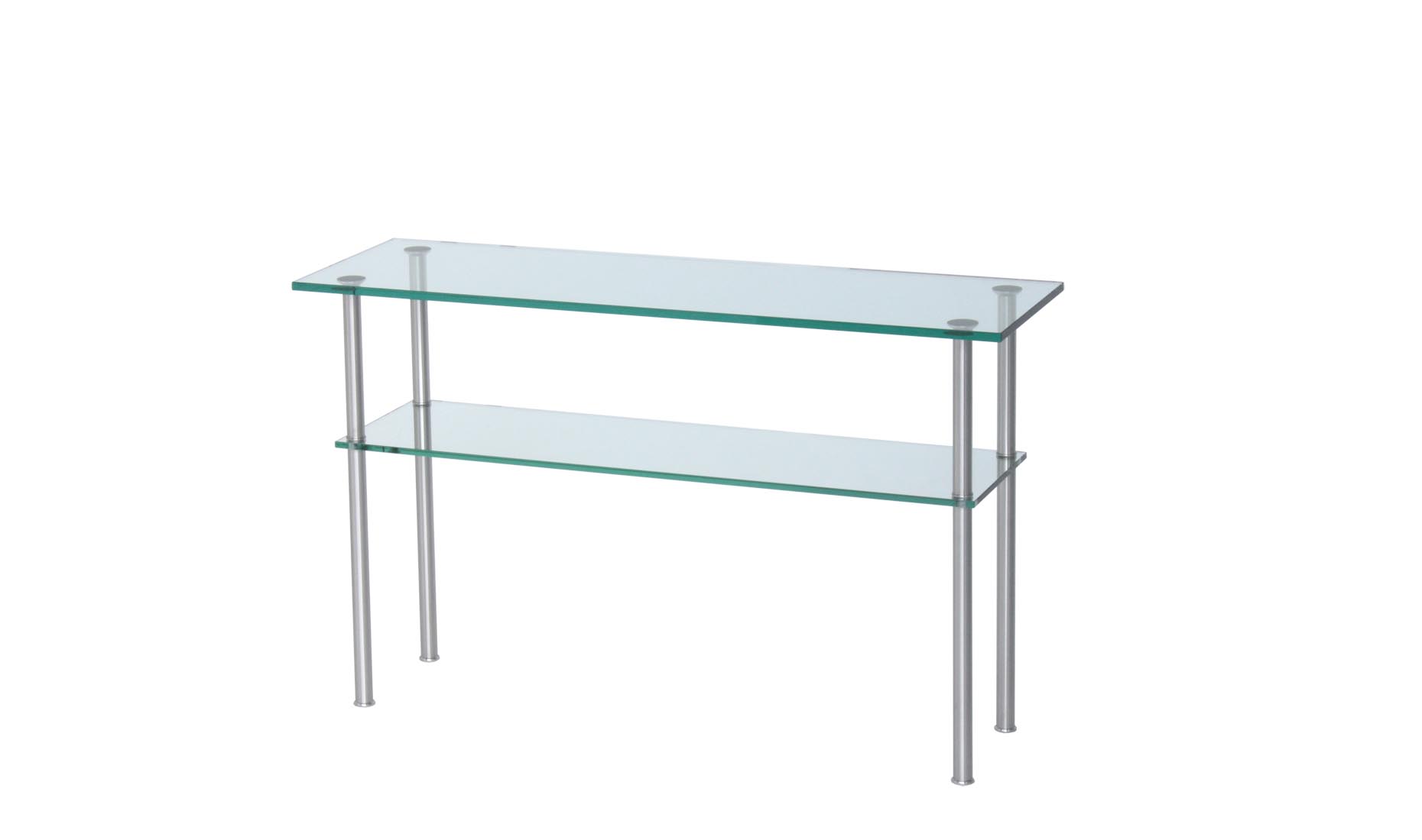 DUO-R Glaskonsolen, Glasregale, Glaseinrichten, Glas-Sideboards nach Maß, Glasplatten UV-Verklebt, klar, satiniert, hell (Optiwhite), lackiert;  Edelstahl / Chrom