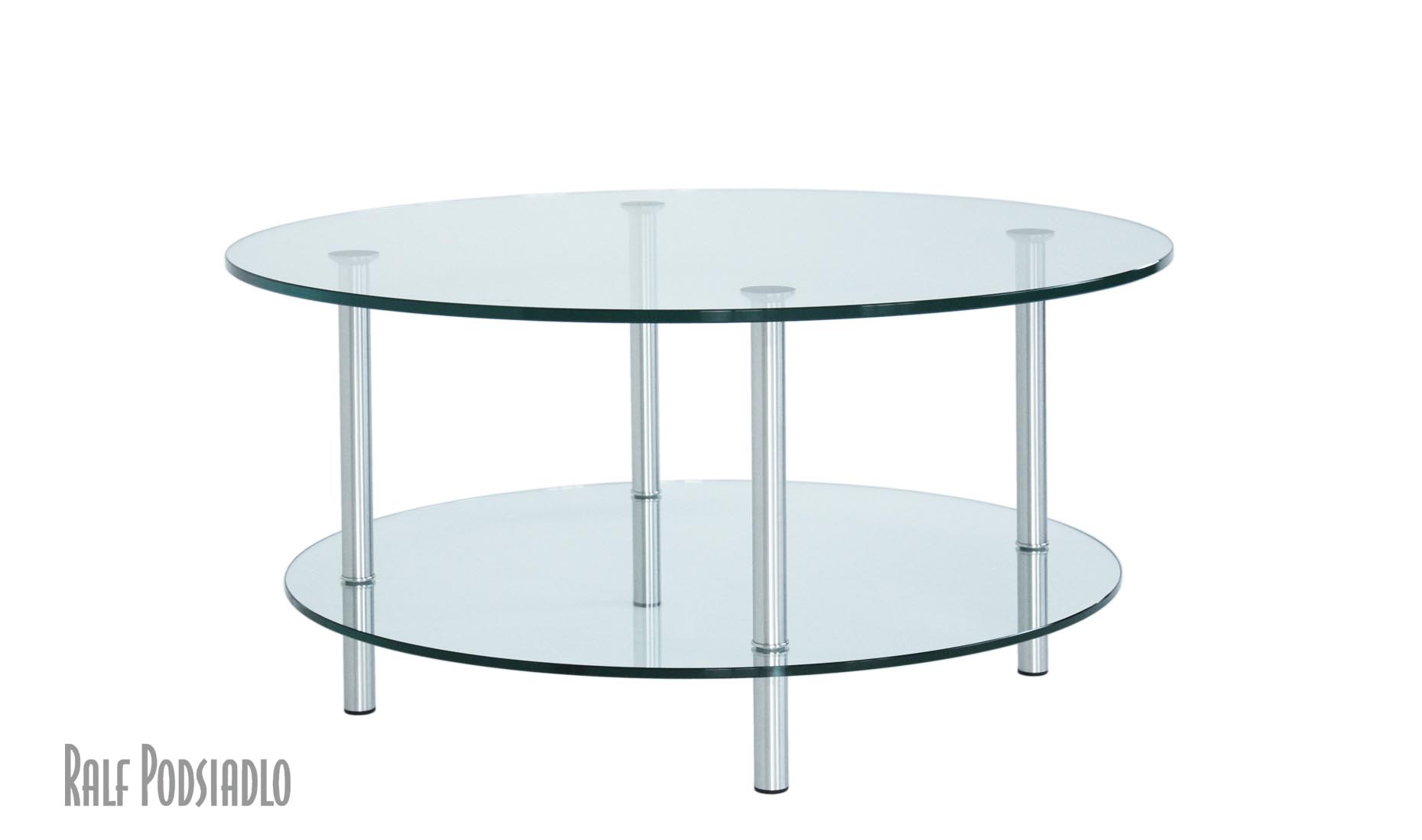 runder Couchtisch nach Maß aus Glas mit Ablage, Gestell - Edelstahl