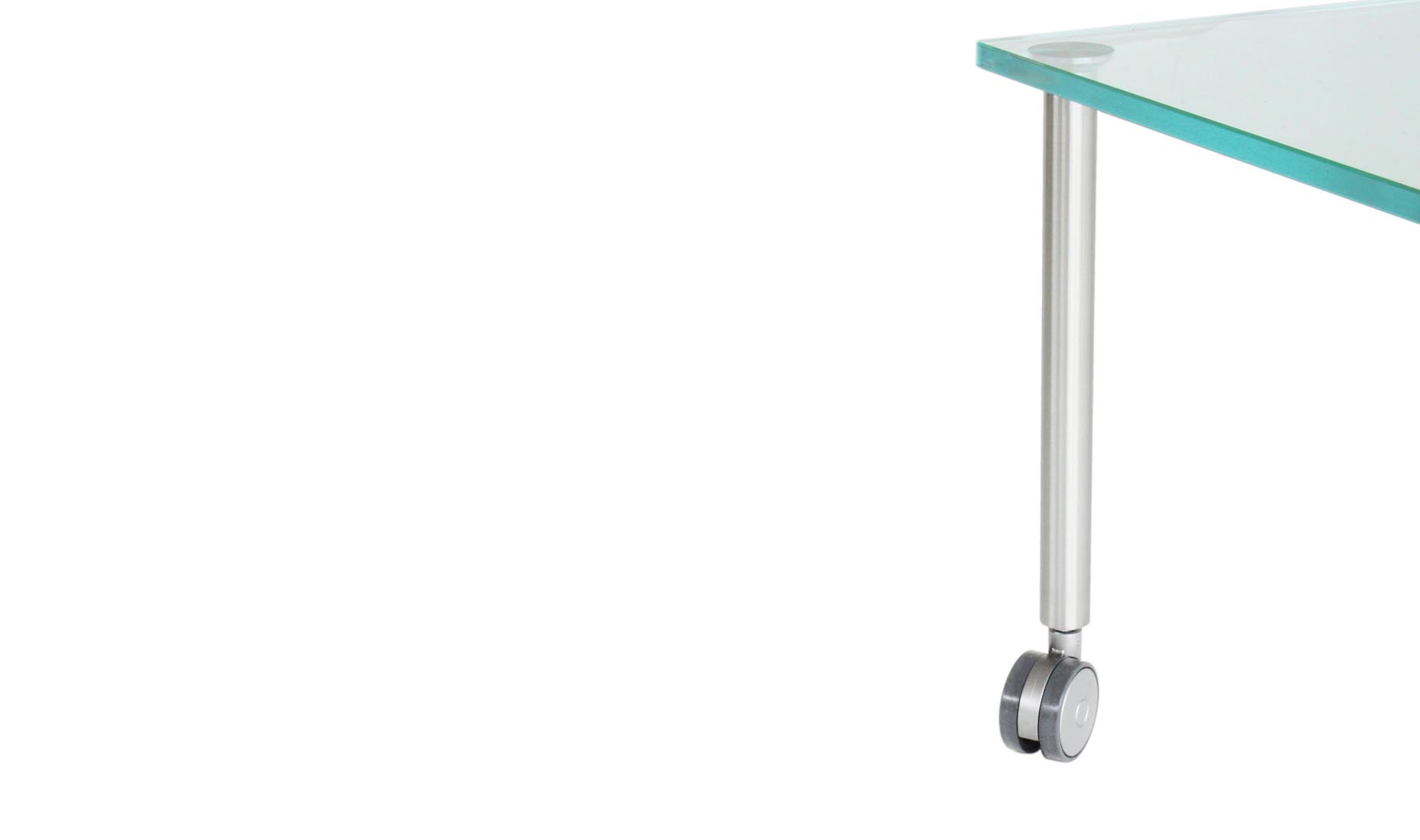 kleine Ecktische auf Rollen mit Glasplatten: Klarglas, Milchglas, weiß lackiertes Glas