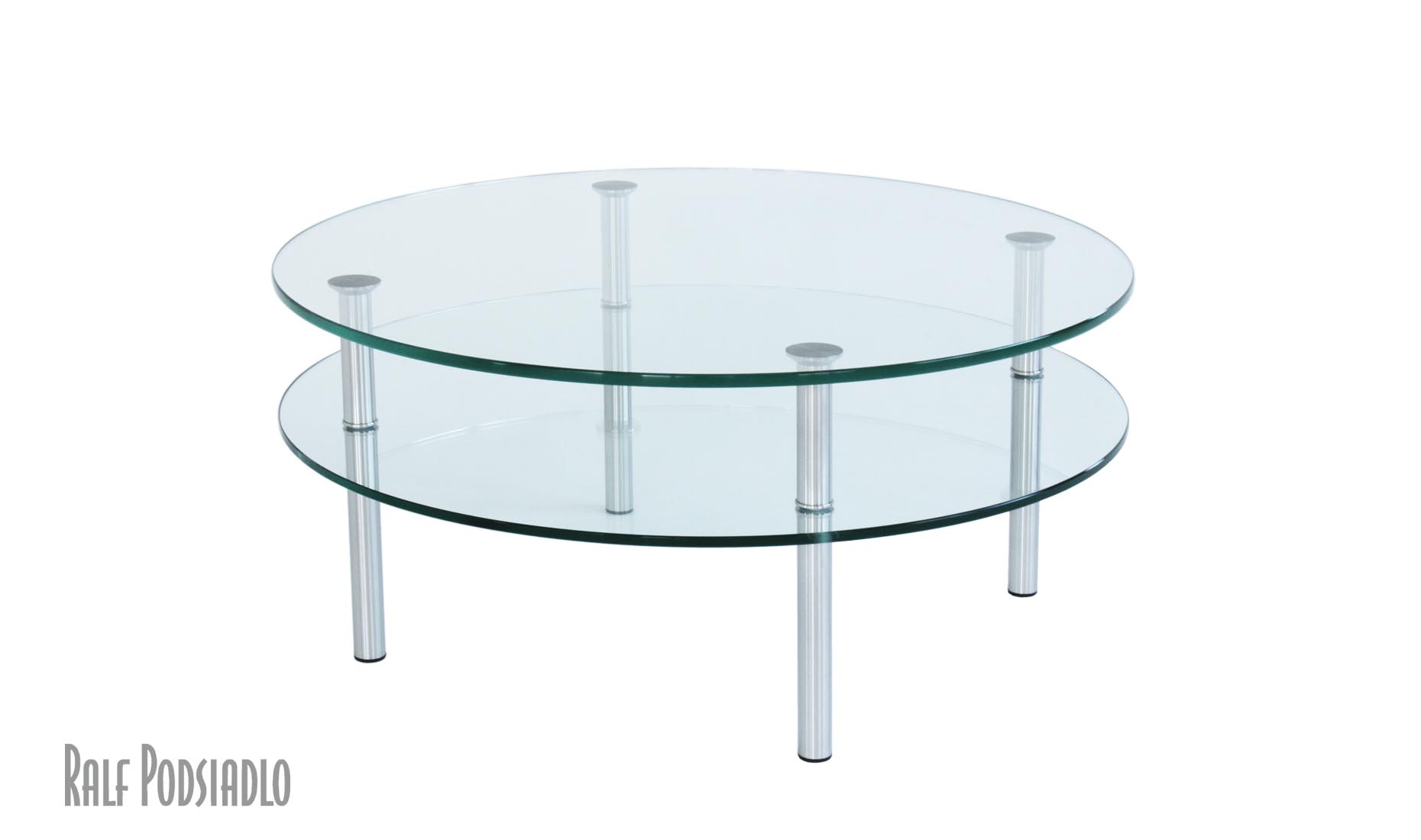 Couchtisch nach Maß, runde Glasplatte, Glas-Ablage