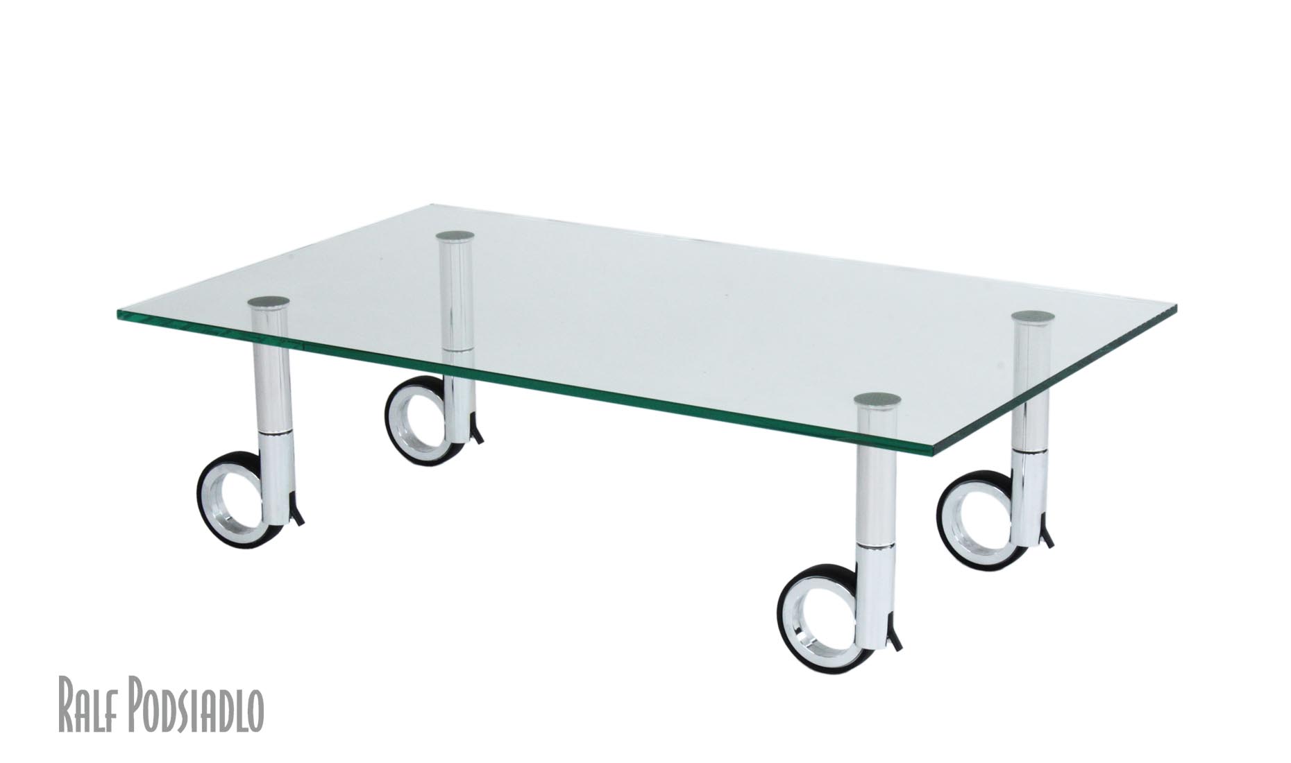 niedriger Design-Glastisch auf Maß, rollbar, Chrom/Edelstahl poliert/Glas-Optiwhite