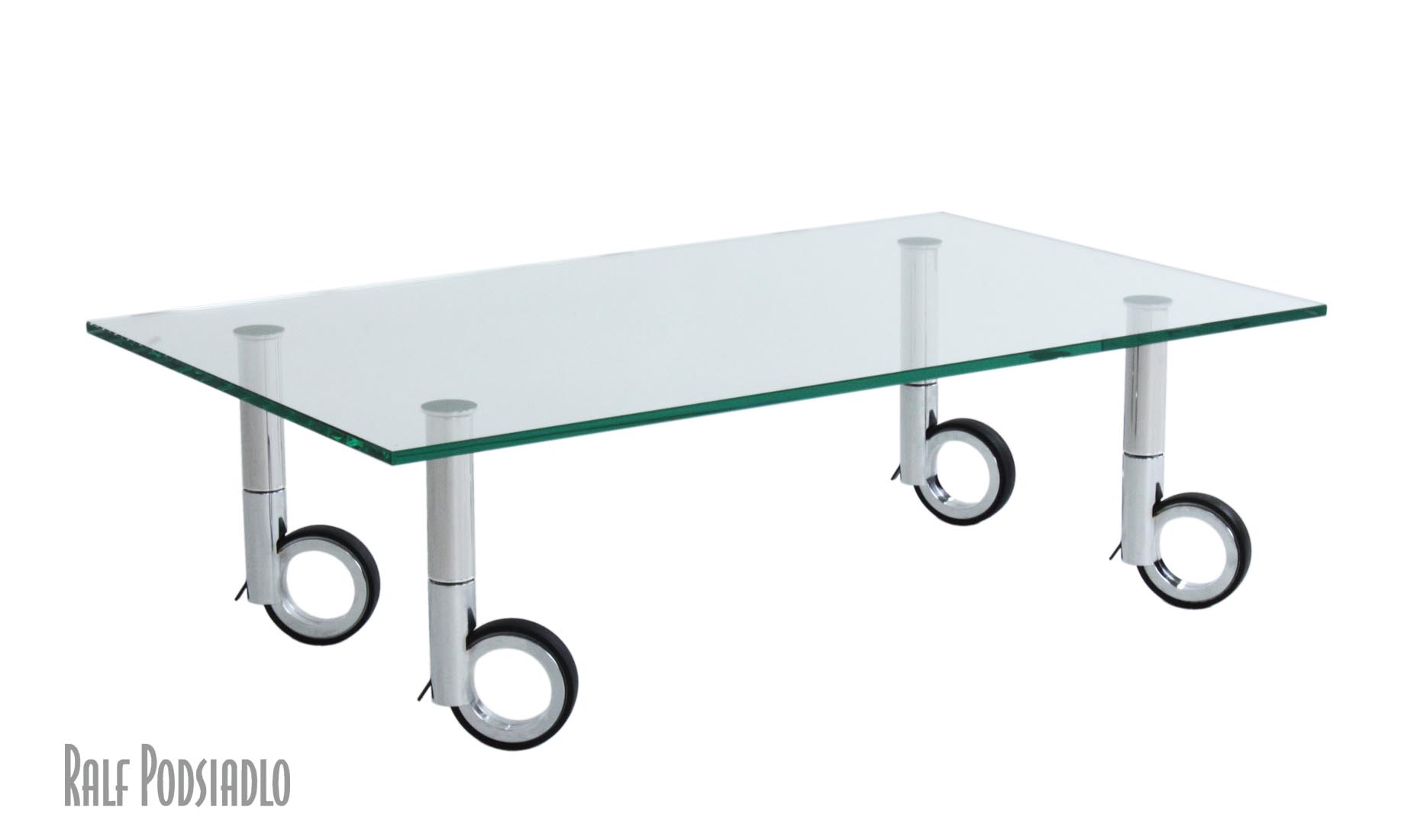 niedriger, rollbarer Couchtisch mit Glasplatten nach Maß