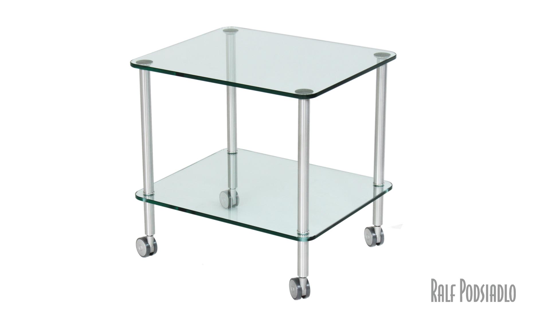 Glastisch, Beistelltisch mit Ablage auf Rollen, nach Maß, Glasplatten - runde Ecken