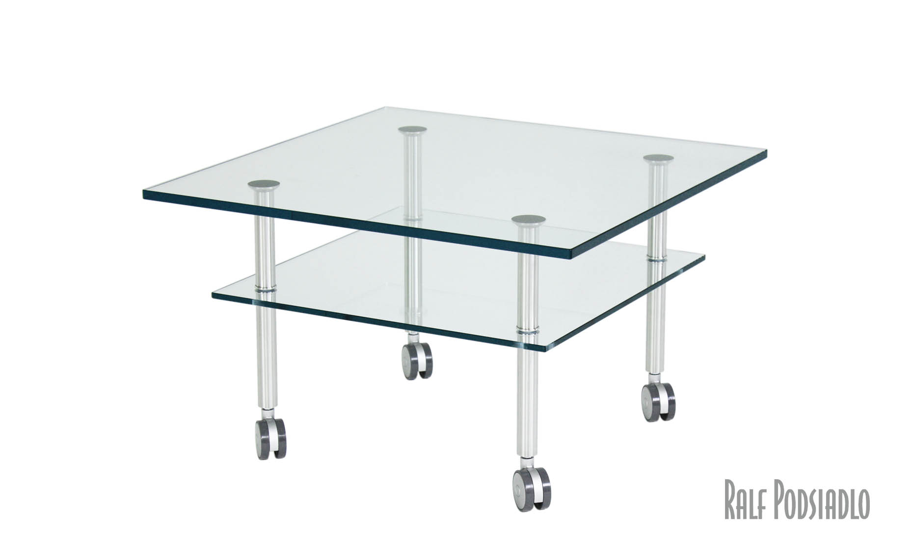 Couchtisch DUO mit Doppel-Glasplatte nach Maß - Edelstahl, Rollen
