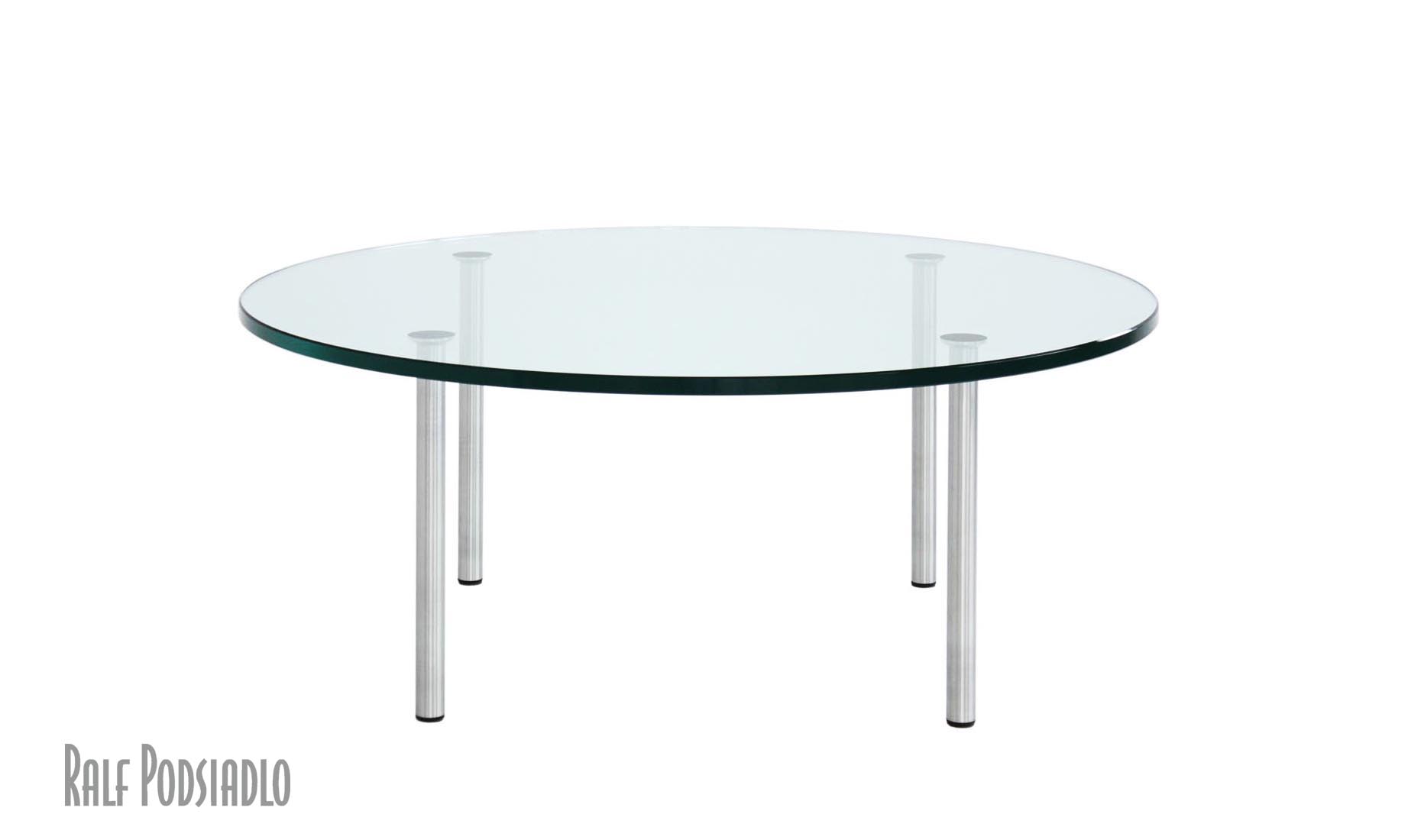 Design-Tisch OBJEKT-30-IN-RUND nach Mass Modell-Glasplatte Beine Edelstahl