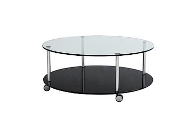 runder Couchtisch aus Glas auf Rollen mit Glasablage