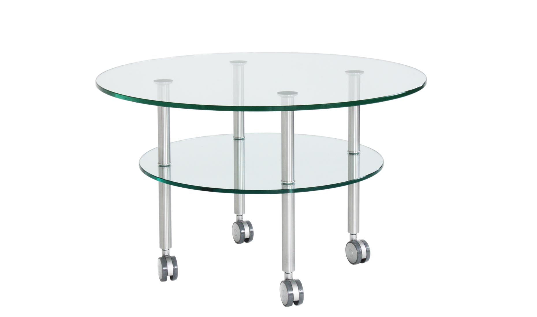 hohe Couchtische nach Maß, Ablage aus Glas, Rollen