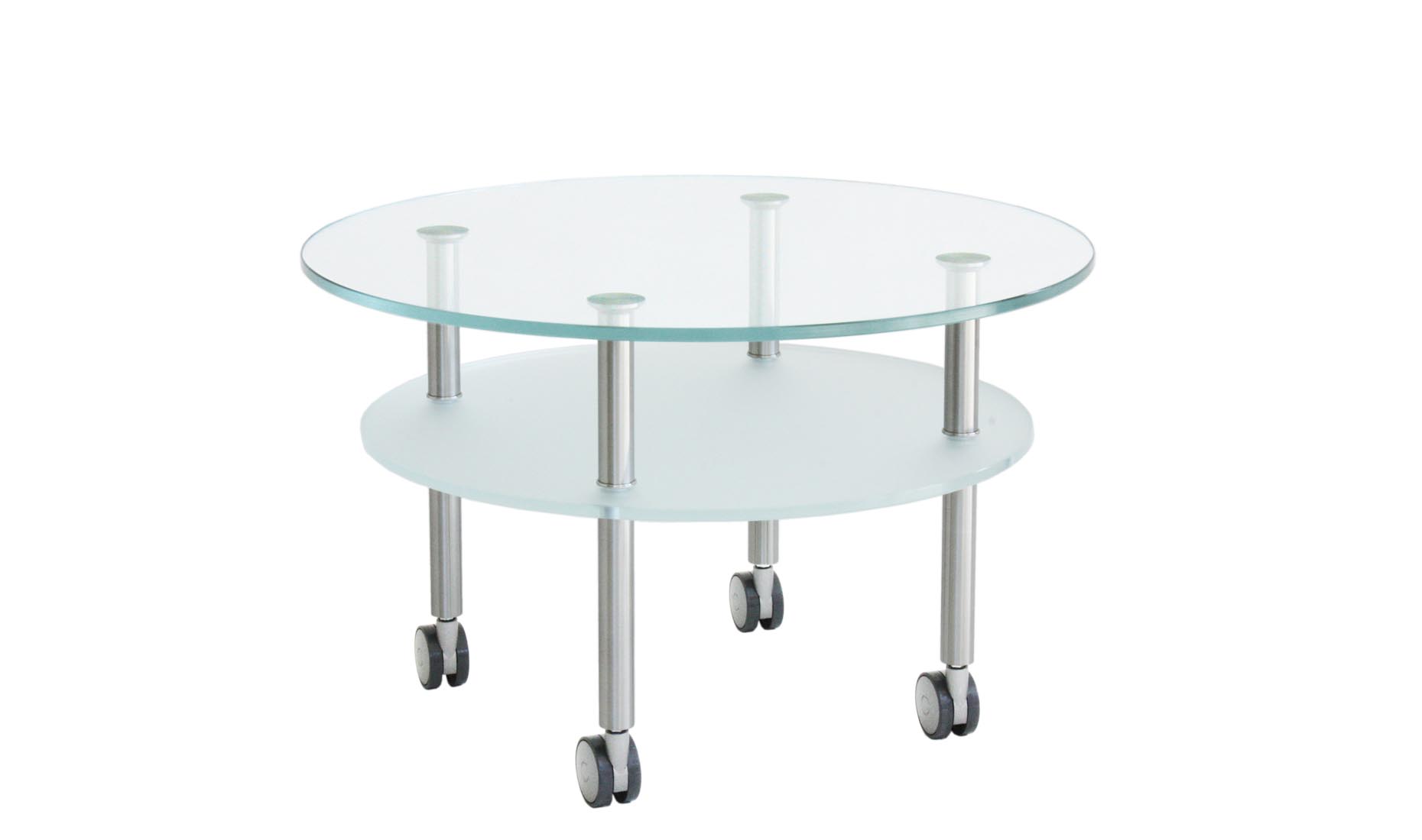 Couchtisch rund auf Rollen mit Ablage aus Glas Satinato