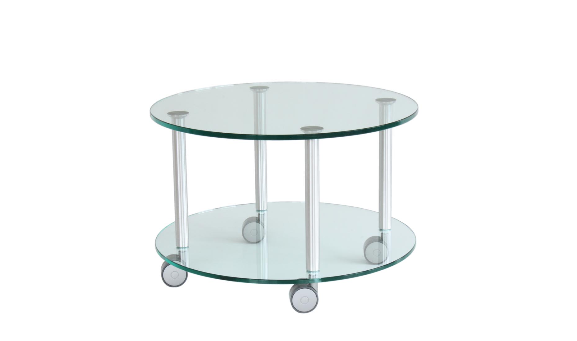 runder Servierwagen nach Maß aus Glas auf Rollen mit Ablage